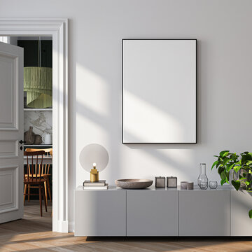Modern Living Room Poster Frame Mockup with Natural Light and Minimalist Decoration. 3D render.