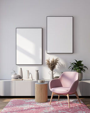 Modern Living Room Poster Frame Mockup with Natural Light and Minimalist Decoration. 3D render.