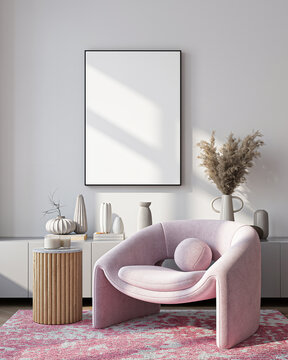 Modern Living Room Poster Frame Mockup with Natural Light and Minimalist Decoration. 3D render.