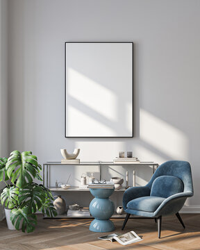 Modern Living Room Poster Frame Mockup with Natural Light and Minimalist Decoration. 3D render.
