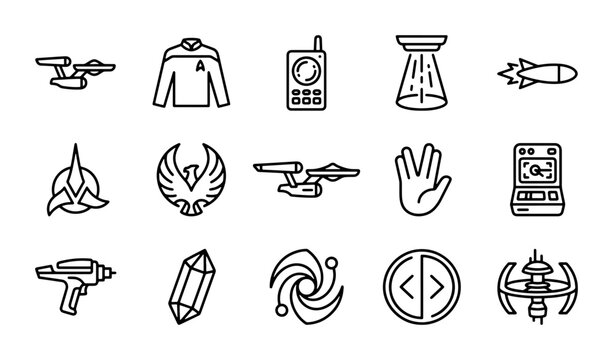 Sci-Fi Icons Set: Spaceships, Communicator, Phaser, Starfleet Emblem, Vulcan Salute, Space Station