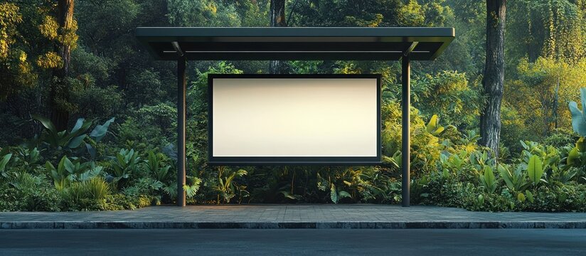 Empty modern bus shelter with blank advertising board beside a quiet road surrounded by lush green forest in peaceful morning light
