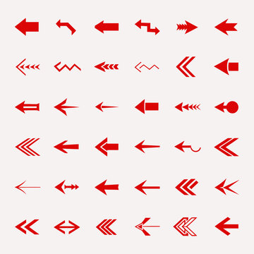 Extensive library of red arrow graphic icons in various linear and solid styles for precise navigation and UI design as vector eps files for professional designers.