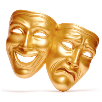 Złote maski antycznych greckich aktor&oacute;w - symbol teatru