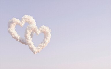 Naklejka premium Two heart-shaped clouds float gently against a soft dreamy sky.