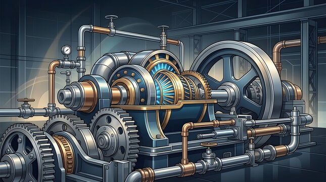 Futuristic Industrial Turbine Engine with Glowing Blue Energy Core and Complex Gear System