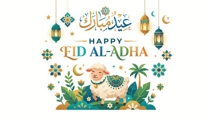Fototapeta premium A vibrant illustration celebrating Happy Eid Al-Adha with a cute sheep, Islamic lanterns, crescent moons, and decorative patterns.