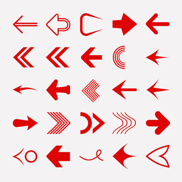 Comprehensive array of red arrow symbols and pointers with varied line weights and geometric styles as high quality vector eps assets for diverse creative applications.