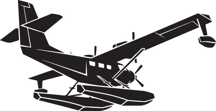 Black and white seaplane vector, airplane on water, float plane illustration, aircraft icon
