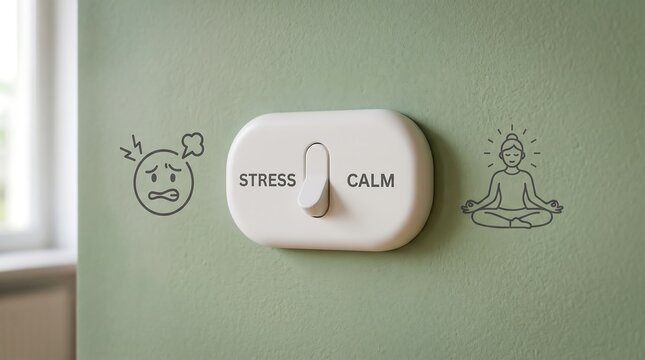Modern rounded switch on muted green wall with stress and calm illustrations for mental wellness