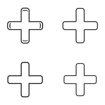 Four black and white plus sign icons with different line styles on white background