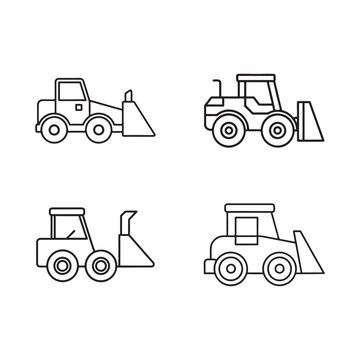 Four black line drawings of different types of tractors with various bucket attachments used for construction and agriculture purposes in a simple minimalist style