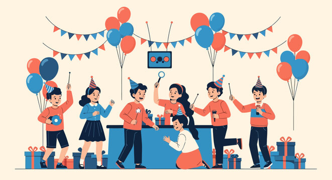 Joyful children engaged in exciting party games indoors, a scene of pure childhood merriment and shared activity