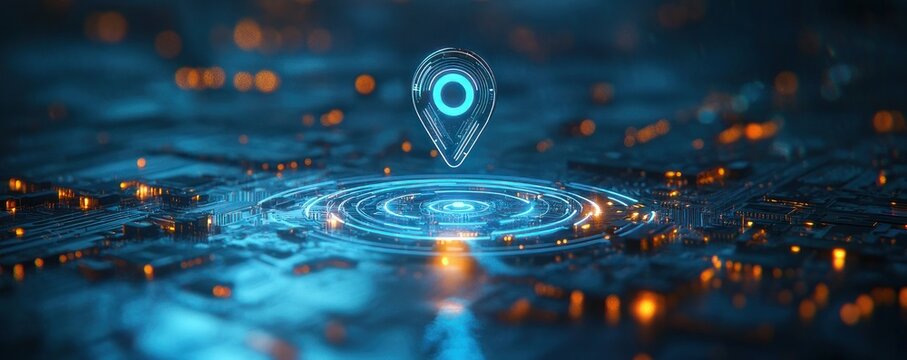 Futuristic holographic location marker floating above glowing circular digital interface on a circuit board, evoking precision and connectivity