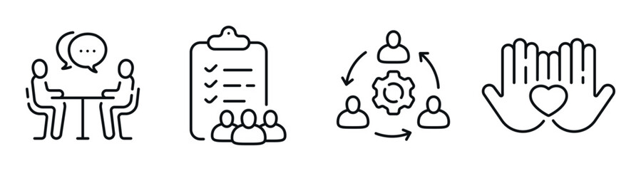 Fototapeta premium Team collaboration icons showing meetings checklist and care. Editable stroke