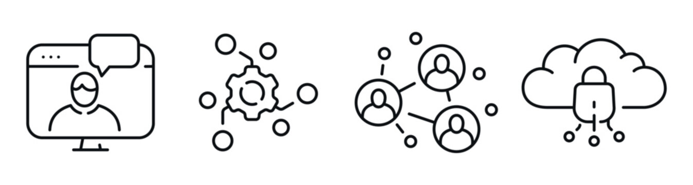 Remote collaboration and cloud networking with user and device icons. Editable stroke