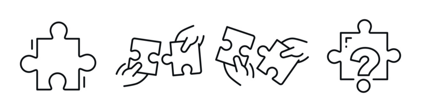 Individual puzzle piece being connected by hands in sequence. Editable stroke