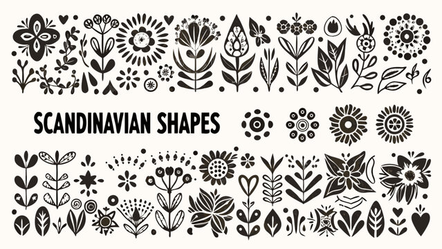 dense arrangement of black floral shapes and leaves scandinavian folk art style illustration high quality professional detailed modern