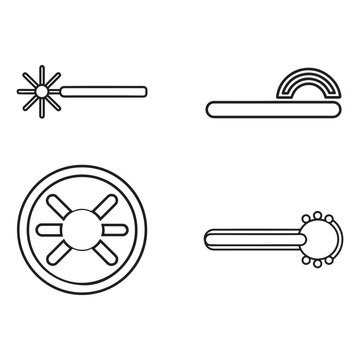 Four black line icons of various objects on white background  magic wand with star  rainbow on a stick  wheel  gear