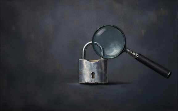 Magnifying glass hovers over padlock symbolizing investigation into