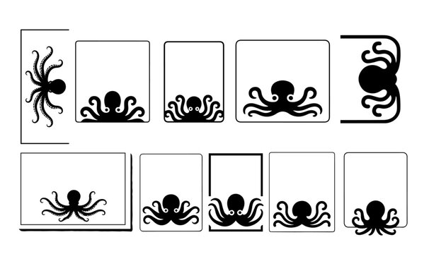 Minimalist octopus silhouette border set, black sea creature frame collection, nautical kraken vector elements for invitation and card design