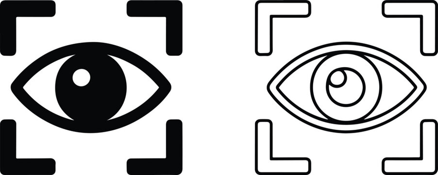 Minimalist Human Eye and Biometric Scanner Icon Set, Modern Cybersecurity, Retinal Scanning, and Vision Vector Graphics.