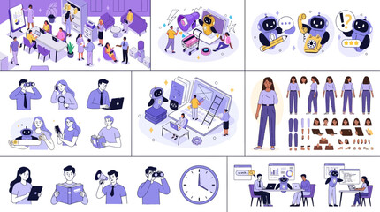 Fototapeta premium Diverse Business Professionals Character Set in Modern Corporate Office Environment Communicating with Digital Laptop Smartphone Devices Isometric Vector Illustration Collection Isolated on White