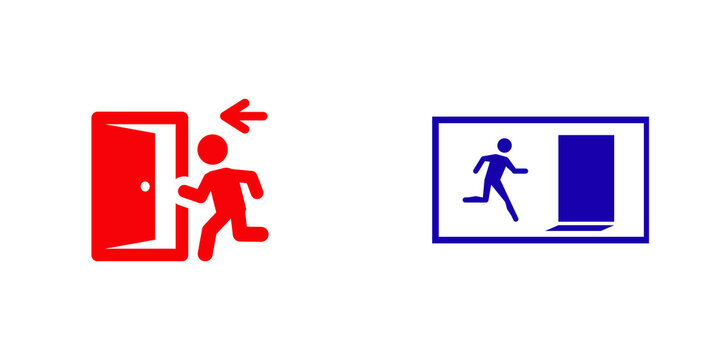 Running person exit sign icons, red and blue, isolated on transparent background
