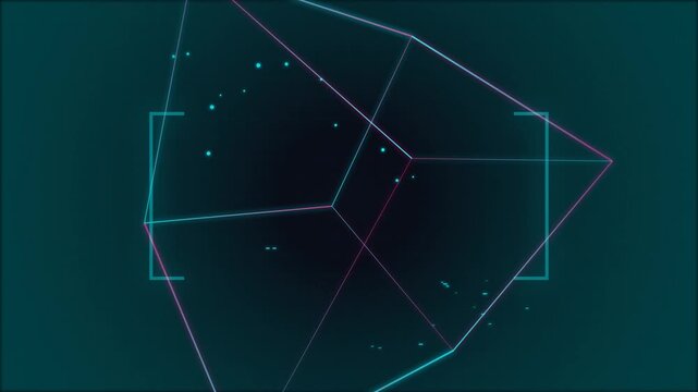 Rotating 3D wireframe cube with floating digital particles in space