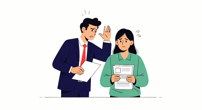 Vector flat design illustration of a stressed woman receiving negative feedback from a male boss during a job interview