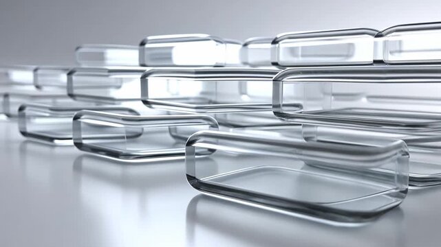 Transparent glass rectangles stacked on a reflective surface