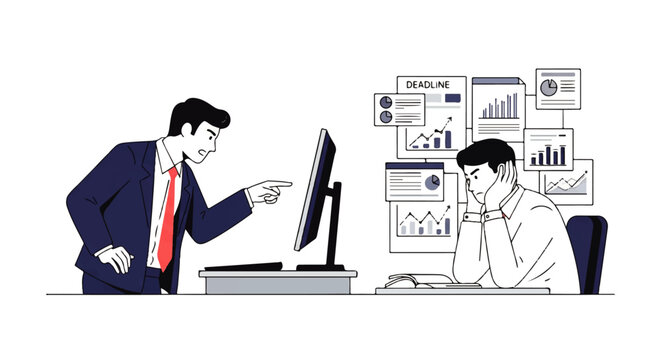 Vector flat design illustration of a stressed employee overwhelmed by work while a boss points accusingly