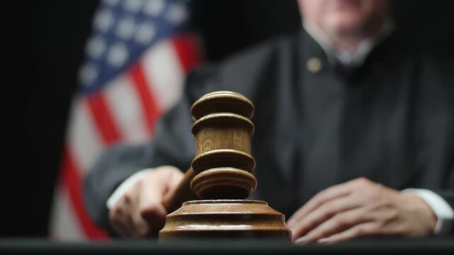 Judge Gavel Hammering with USA Flag Court Law Concept