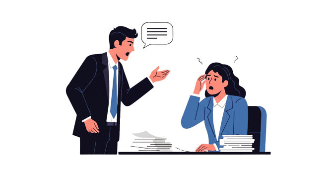 Angry boss shouting at stressed employee in office, vector flat design illustration showing workplace conflict