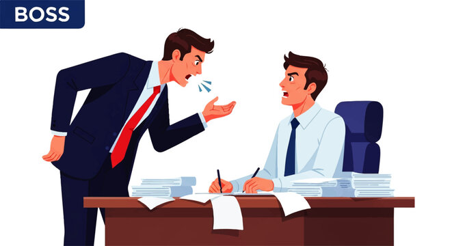 Vector flat design illustration of an angry boss yelling at an employee sitting at a desk with stacks of paper