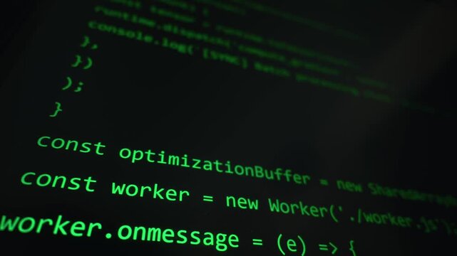 Glowing green programming code with neural network parameters appears on a dark computer monitor. Represents the concept of artificial intelligence writing software autonomously.