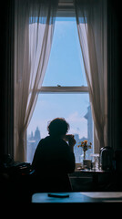 Obraz premium A person drinking tea and looking out the window with a phone left on the other side of the room, Generative AI illustrations.