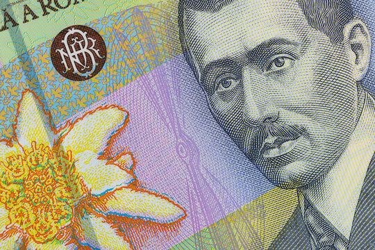 Macro of Aurel Vlaicu portrait and edelweiss flower on Romanian 50 Lei banknote