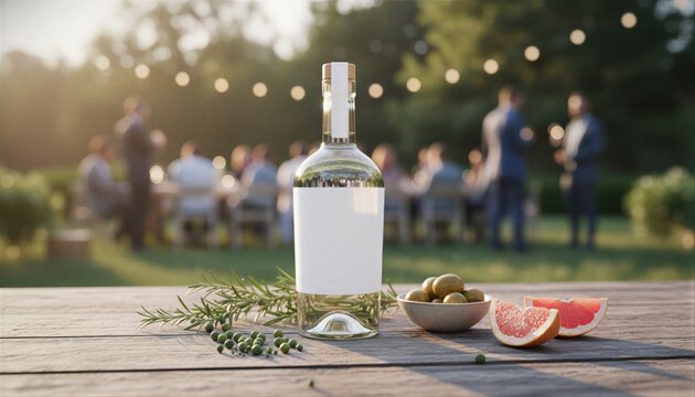 Elegant gin bottle with a clean white label on a rustic garden table