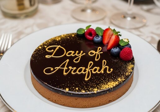 Chocolate cake with fresh berries and gold decoration on white plate