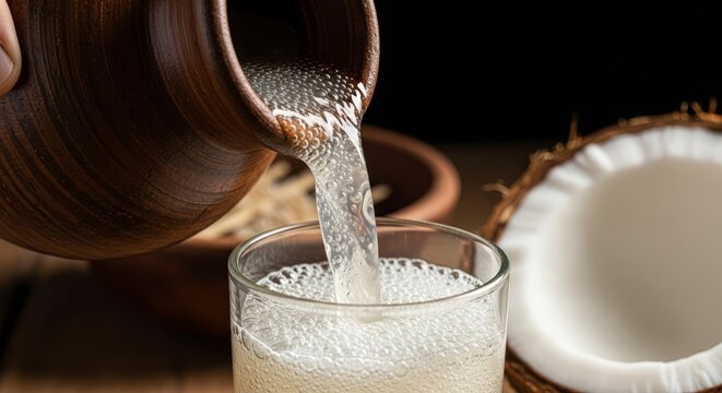 Pouring fermented coconut sap beverage into a glass, showcasing natural ingredients and traditional preparation.