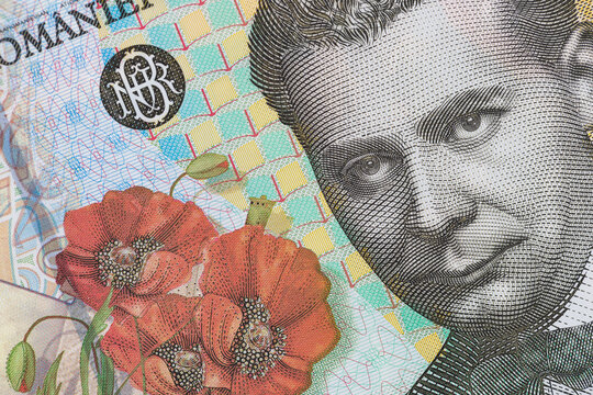 Macro of Lucian Blaga portrait and poppies on Romanian 200 Lei banknote