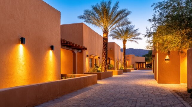 Serene pathway bordered by warm-hued buildings and swaying palm trees at dusk