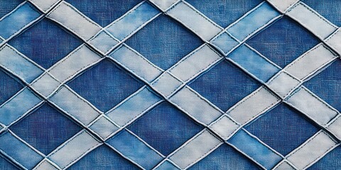Fototapeta premium stitched blue and white woven lattice fabric with diamond pattern and textured denim look conveying a calm orderly geometric feel