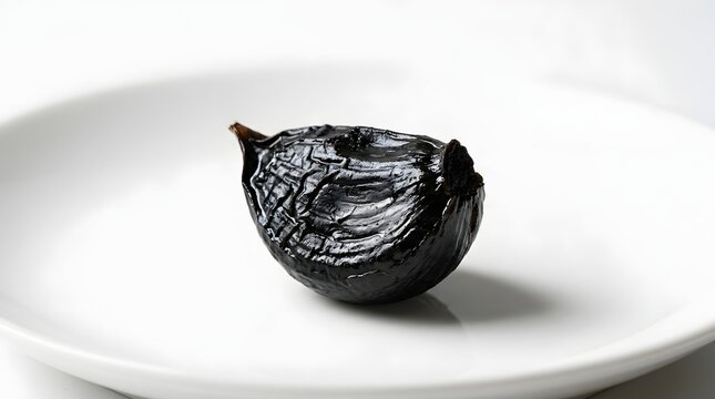 Macro Photography of Fermented Black Garlic Clove Texture on Clean White Plate