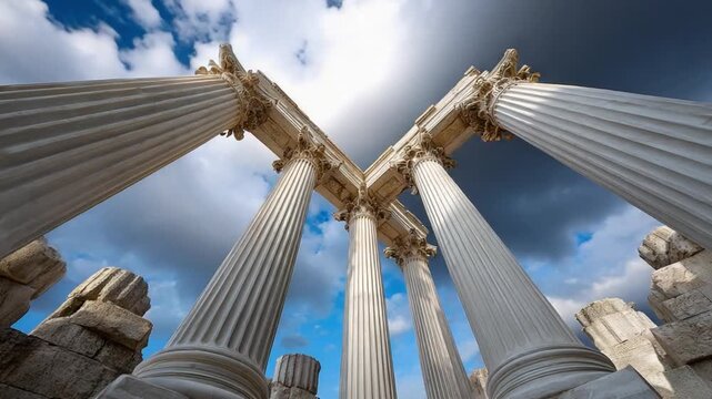 Ancient Columns: An awe-inspiring view of majestic ancient columns reaching towards the heavens, creating a sense of history and grandeur.