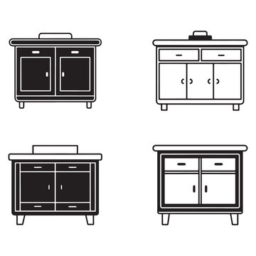 Four different types of cupboards with doors and drawers in black and white illustrations  various designs and styles  furniture for home and office
