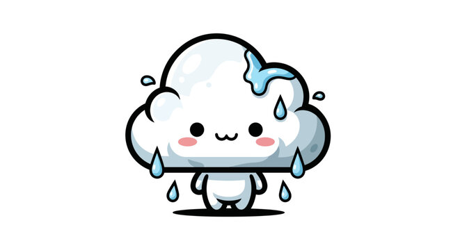 Cute kawaii cloud character raining and sweating, isolated on white background