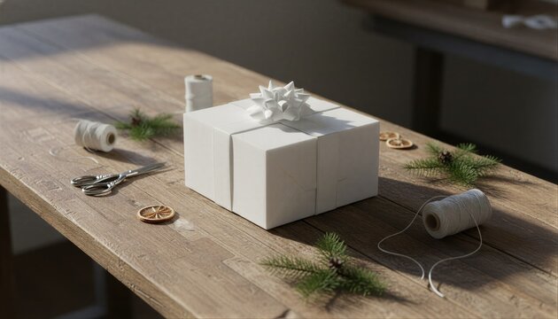 Festive white gift box on a rustic workbench with winter botanicals