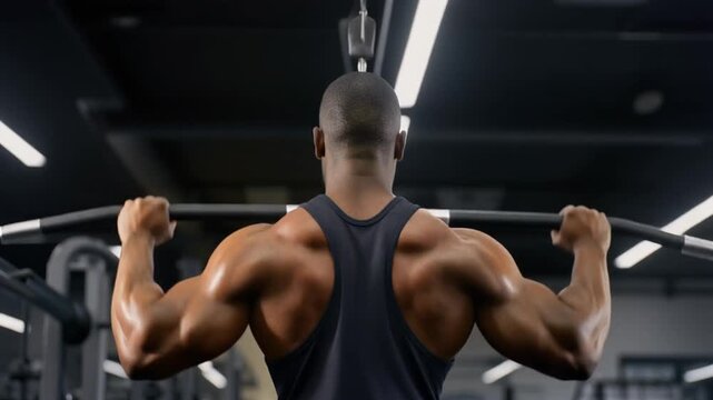 Rear View of a Powerful African American Man Performing Lat Pulldown Exercises in a Modern Gym, Showcasing Strength and Dedication in His Workout Routine, Full HD Professional Footage.